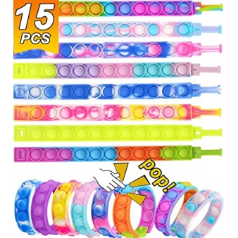 16 Pcs Bracelets Glow in The Dark Pop It Fidget Toy, Rainbow Party Favors, Anti-Anxiety Stress Relief Wristband Set, Push Bubbles Sensory Autistic